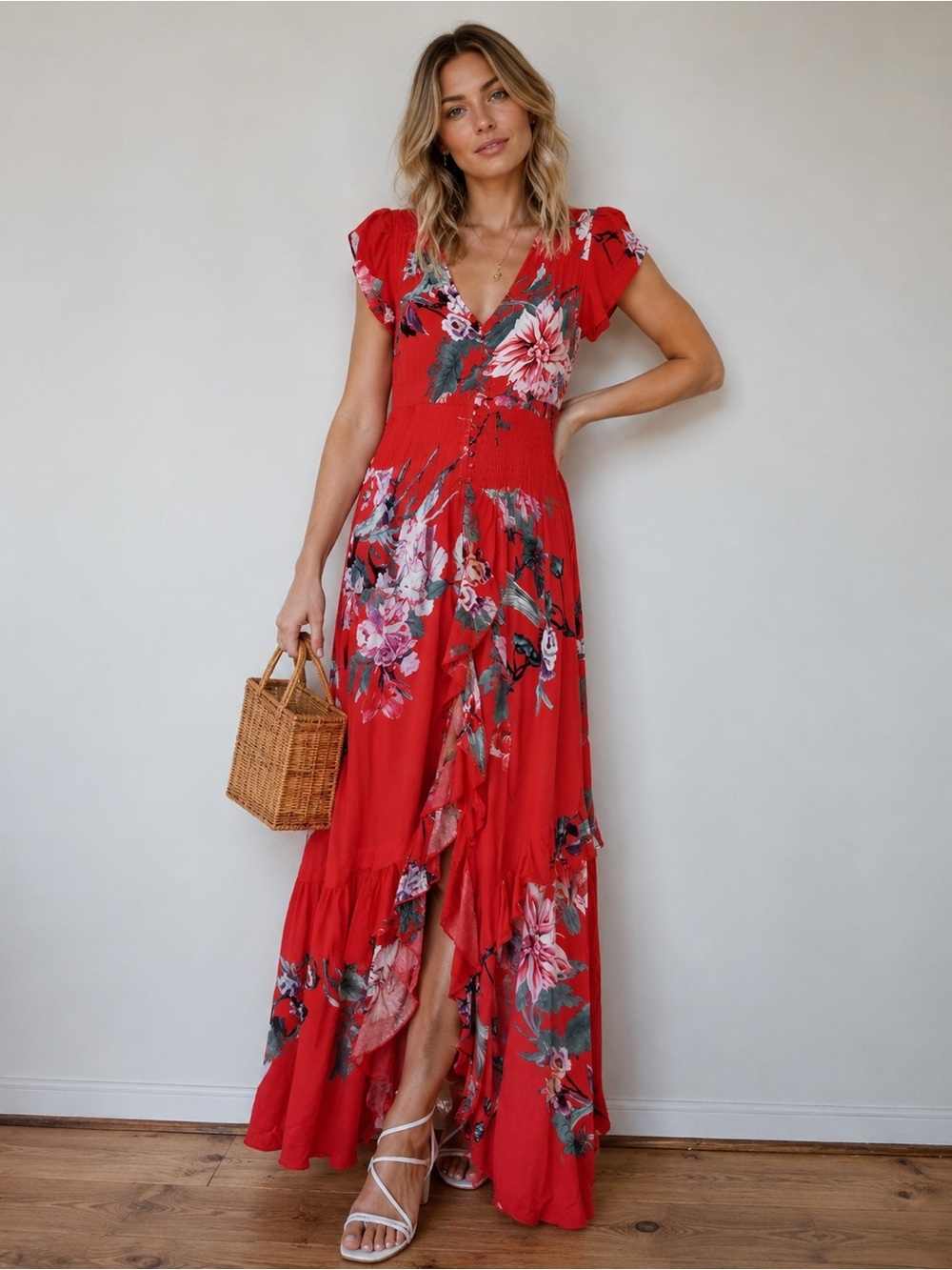 Jaase Red Floral Boho Maxi Dress Smocked Waist Small